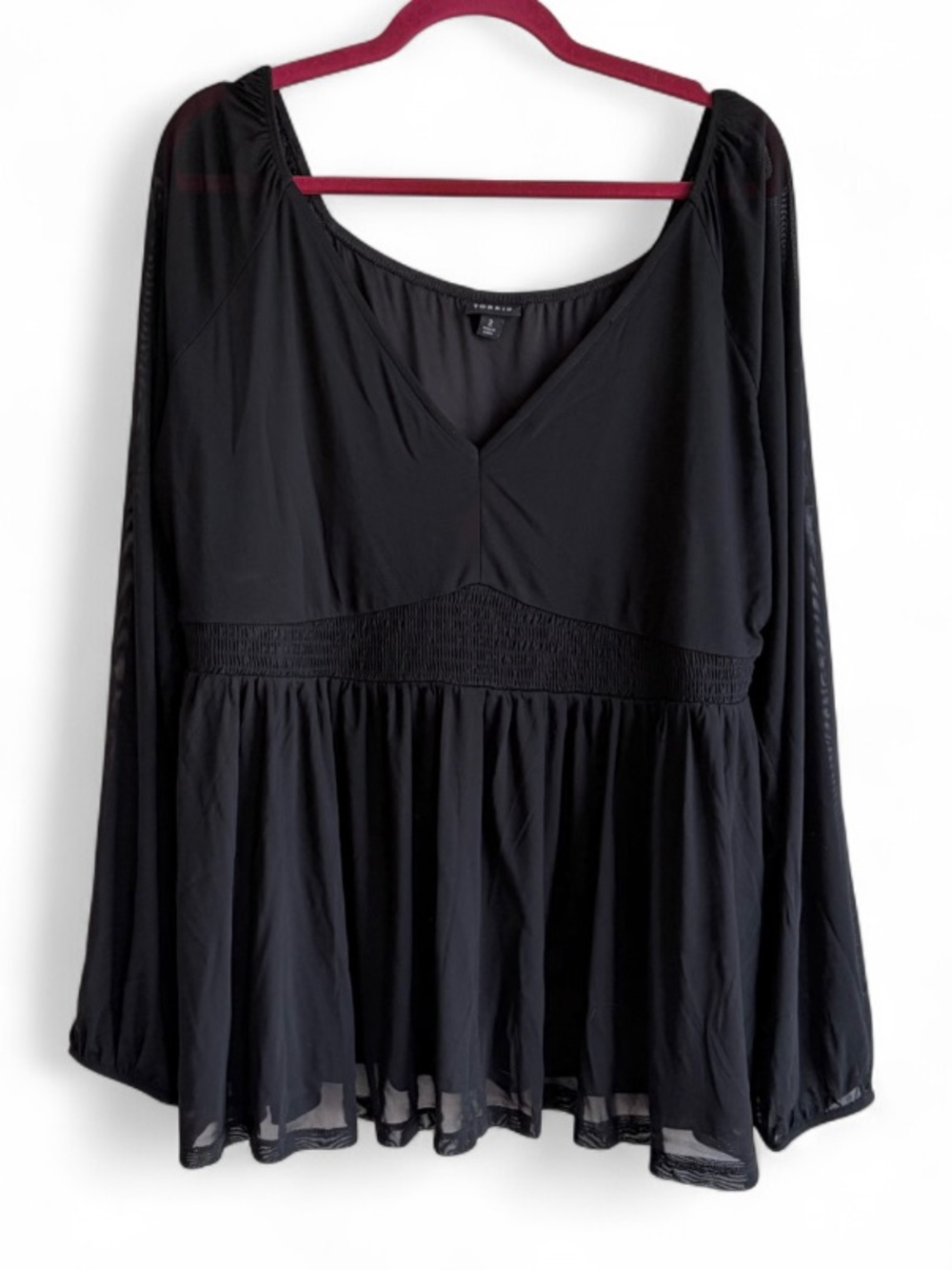 Torrid Black Sheer Sleeve V Neck Peplum Waist Peasant Top Size 2